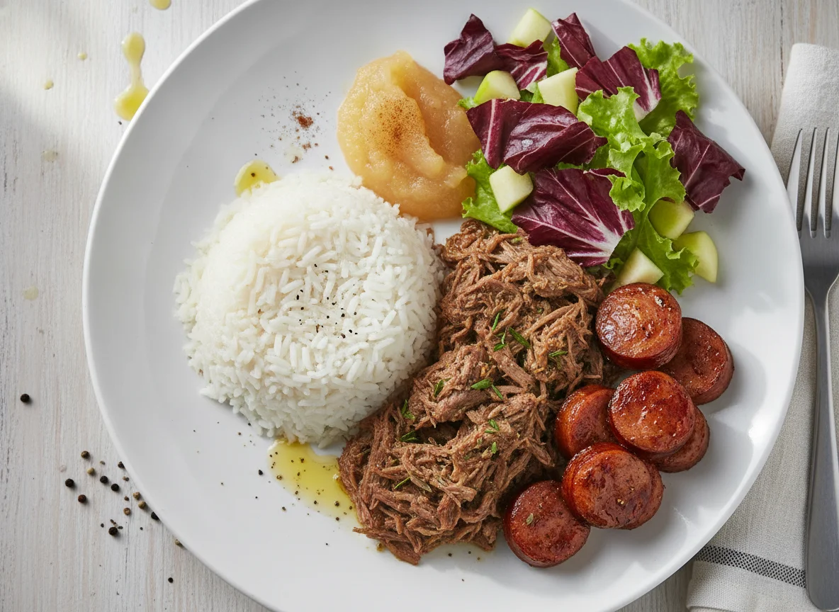 Arroz com Carne Desfiada, Linguiça e Salada photo