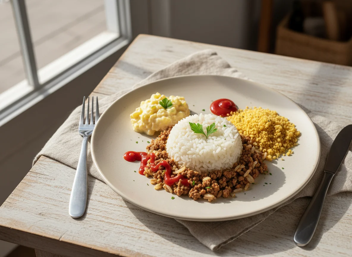 Arroz com carne e acompanhamentos photo