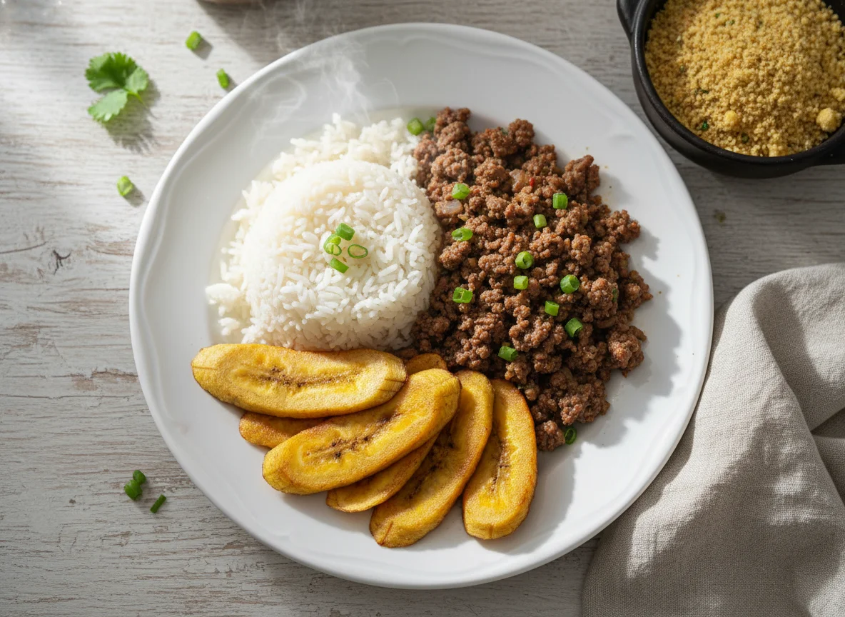Arroz com carne e banana frita photo