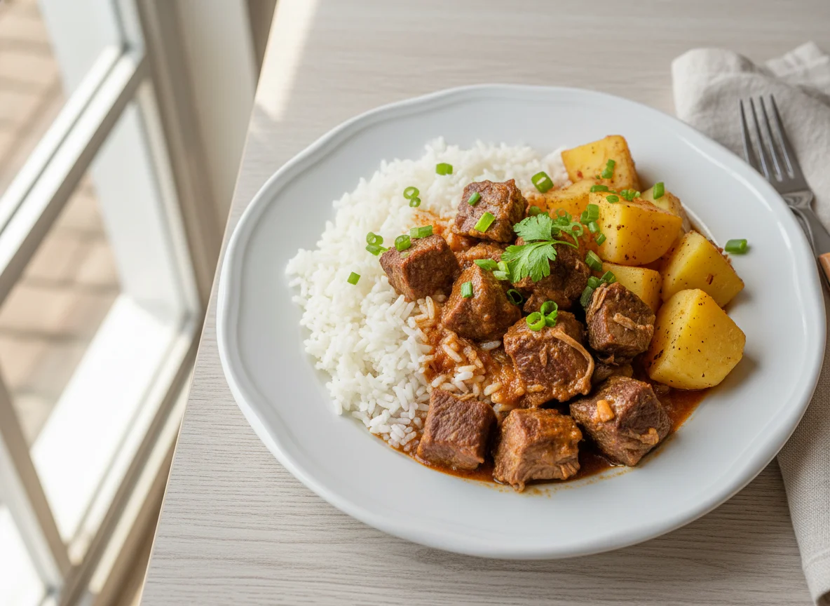 Arroz com carne e batatas photo
