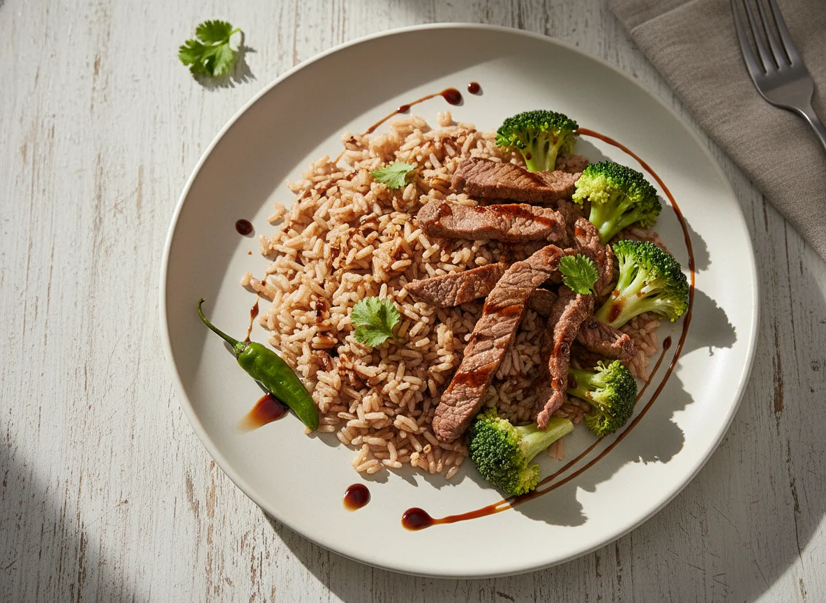 Arroz com carne e brócolis photo