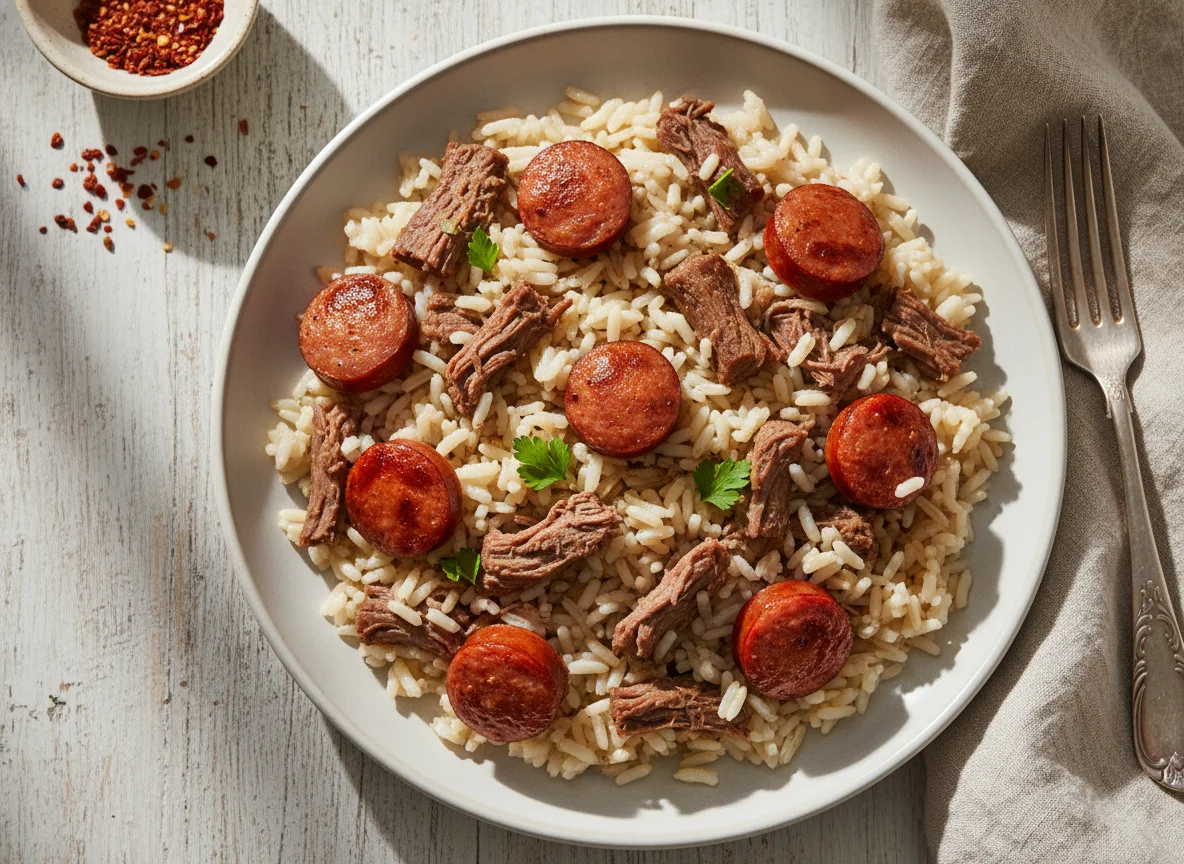 Arroz com carne e linguiça photo