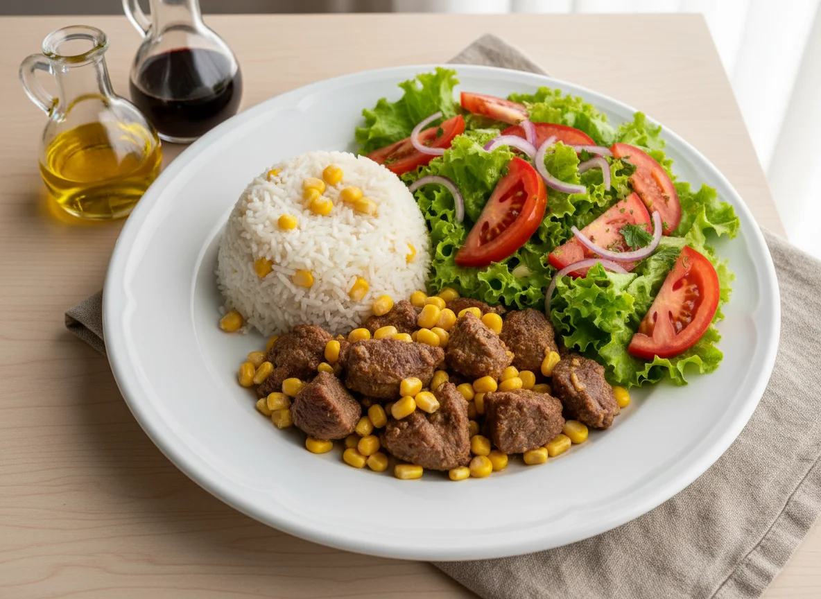 Arroz com carne e milho com salada photo