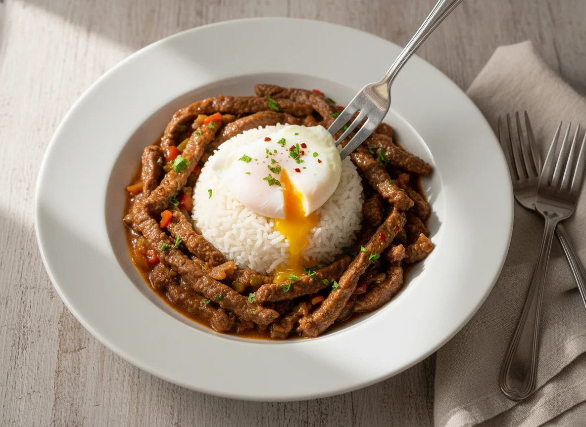 Arroz com Carne e Ovo Pochê photo