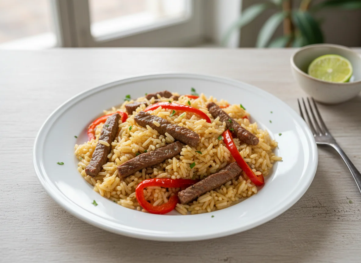 Arroz com carne e pimentão photo
