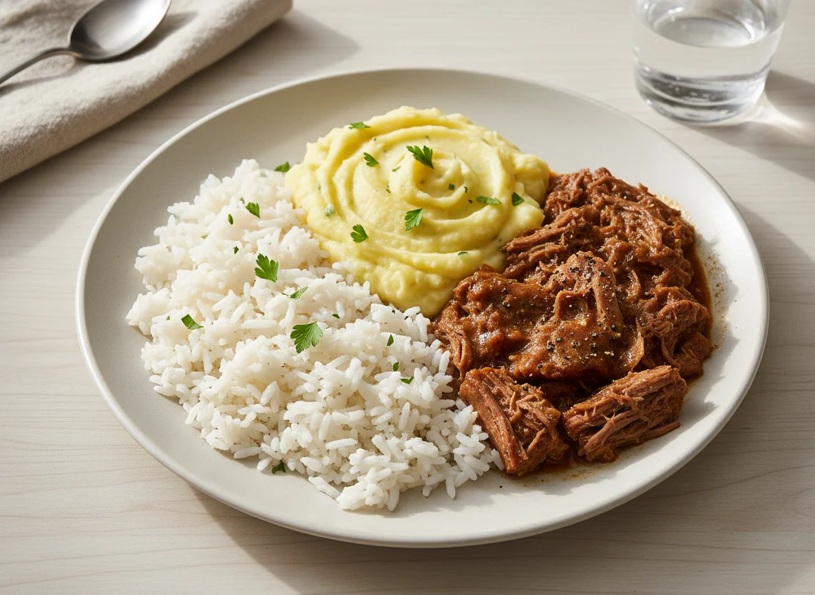 Arroz com carne e purê de batata photo