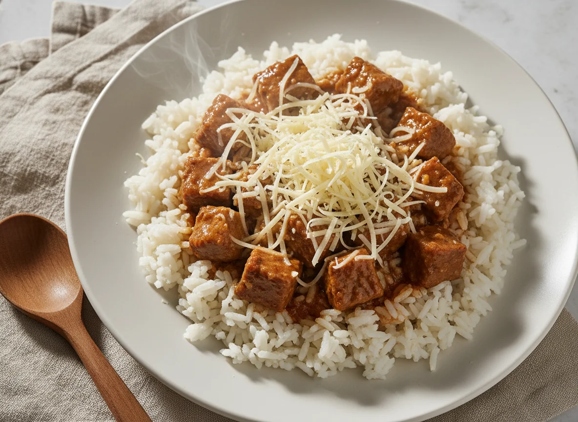 Arroz com carne e queijo ralado photo