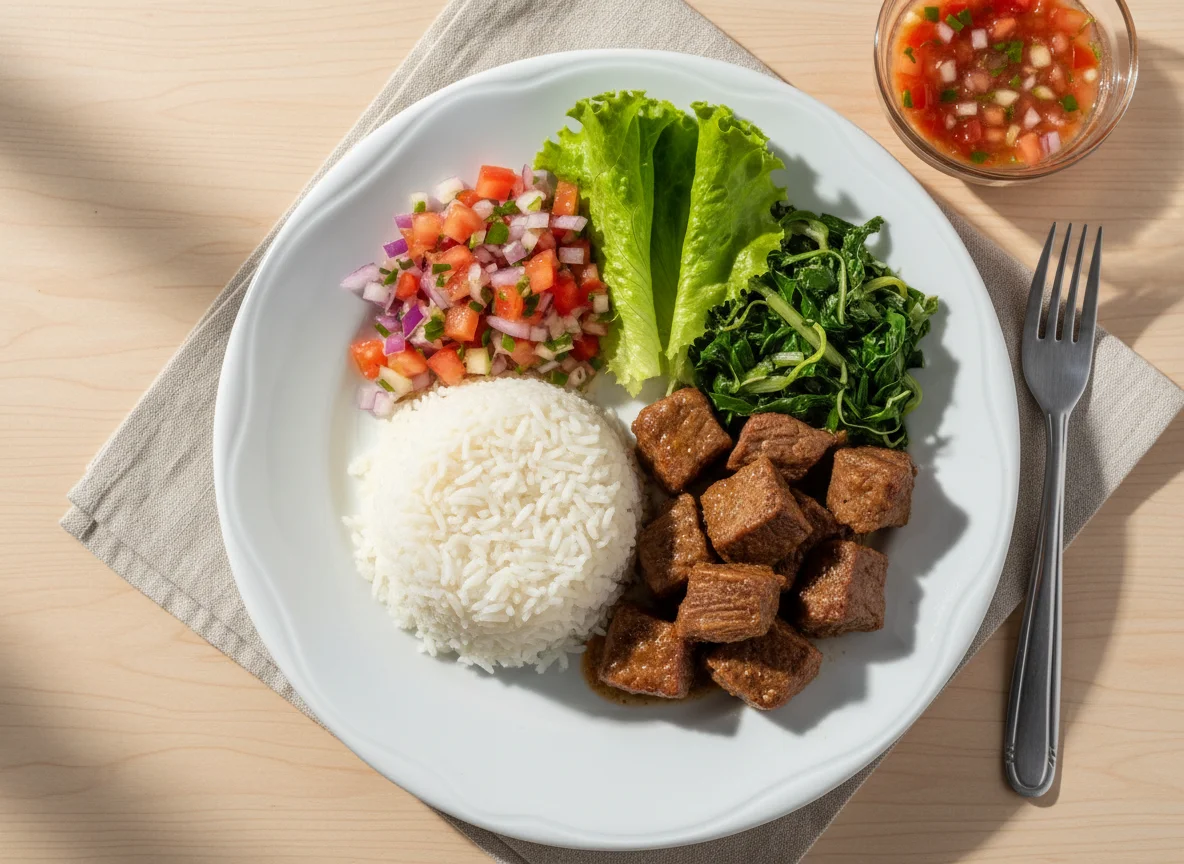 Arroz com carne e salada photo