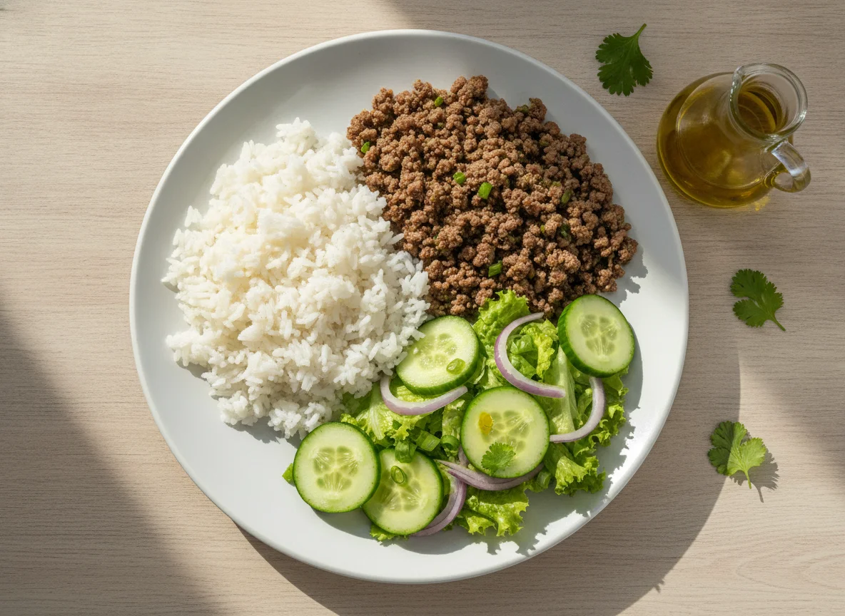 Arroz com carne e salada de pepino photo