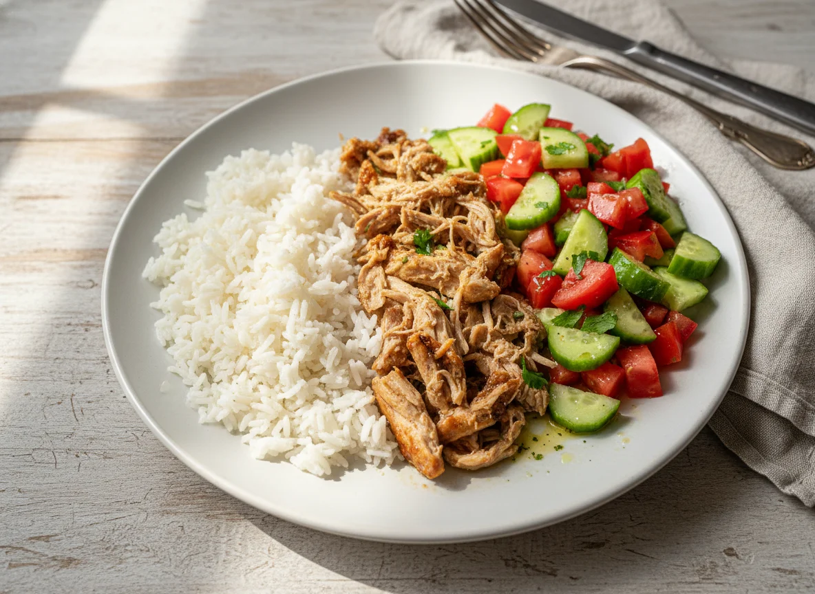 Arroz com carne e salada de tomate e pepino photo