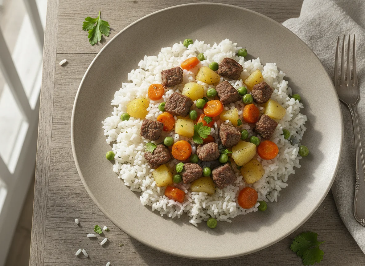 Arroz com carne e seleta de legumes photo