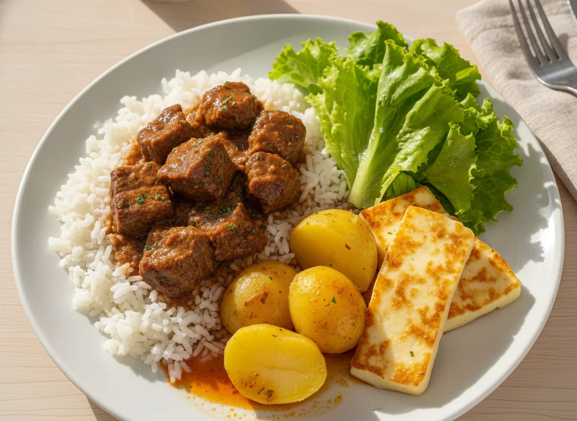 Arroz com carne ensopada, batata, queijo coalho e salada de alface photo