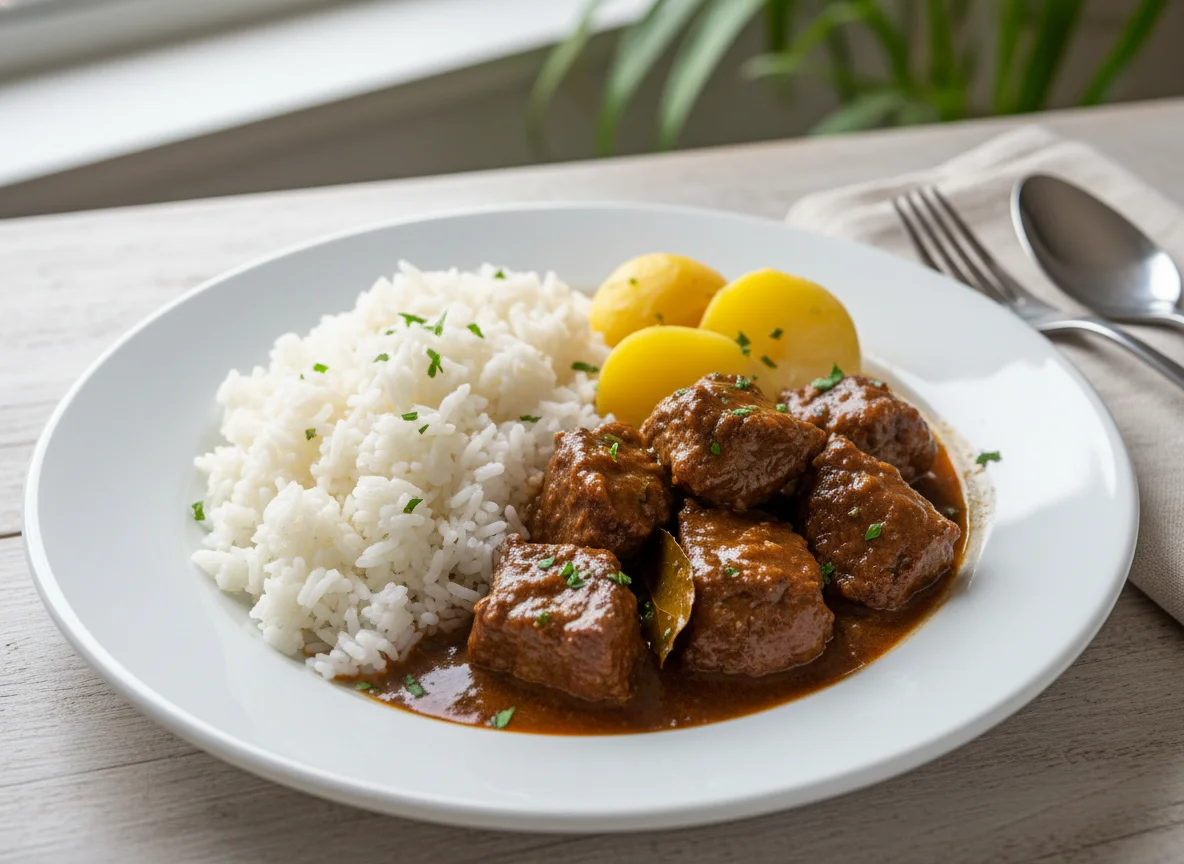 Arroz com carne ensopada e batata photo