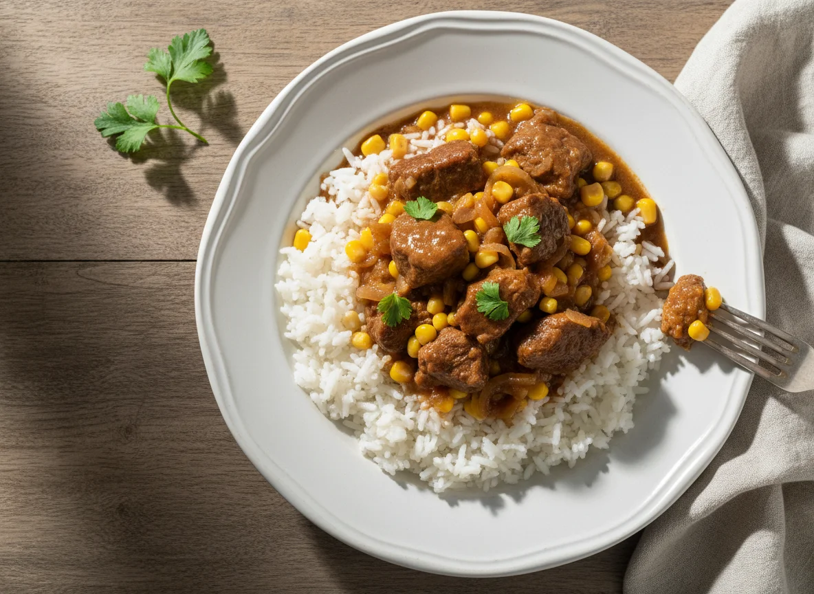 Arroz com carne estufada e vegetais photo