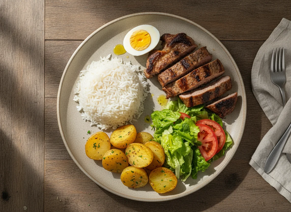 Arroz com Carne Grelhada, Batatas e Salada photo