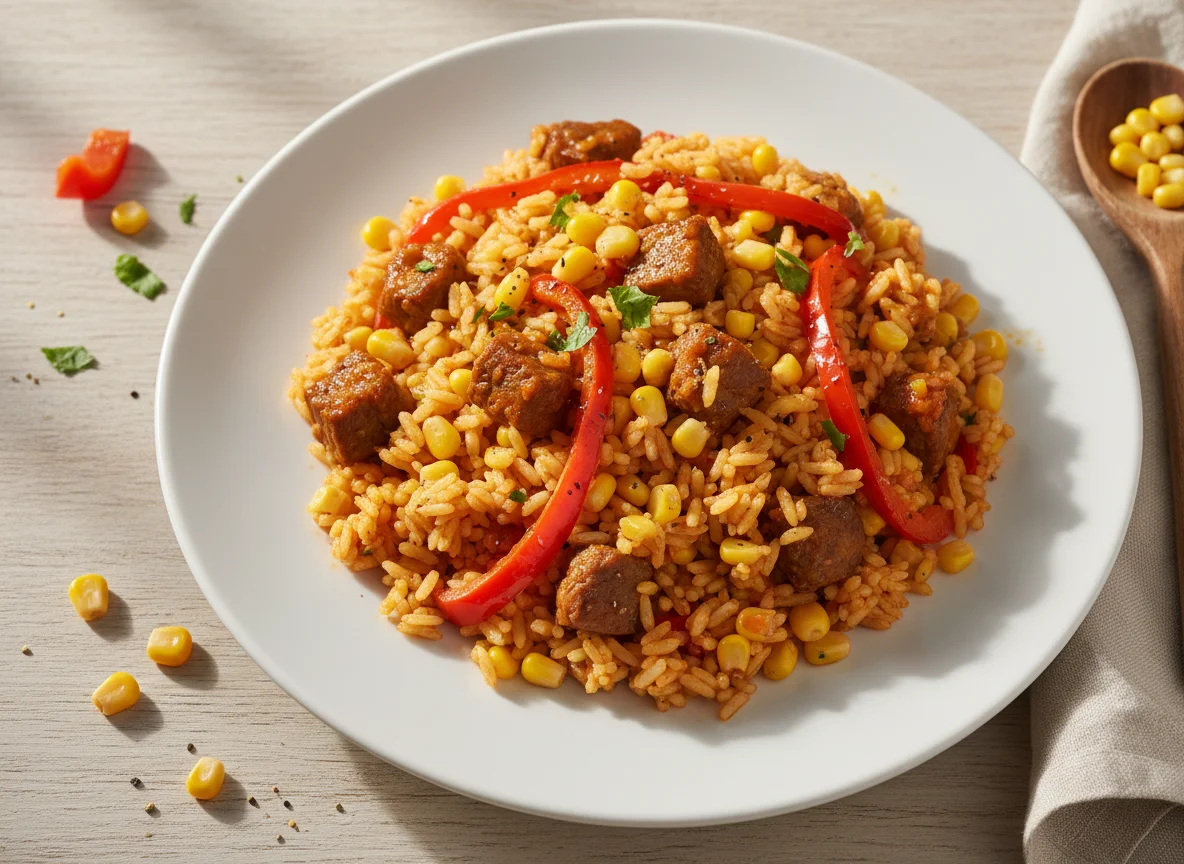 Arroz com carne, milho e pimentão photo