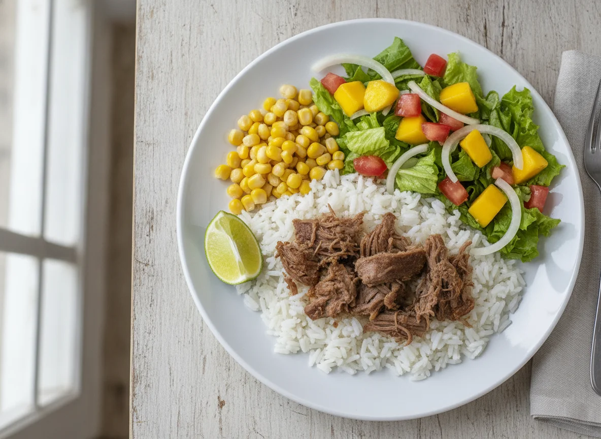 Arroz com carne, milho e salada photo