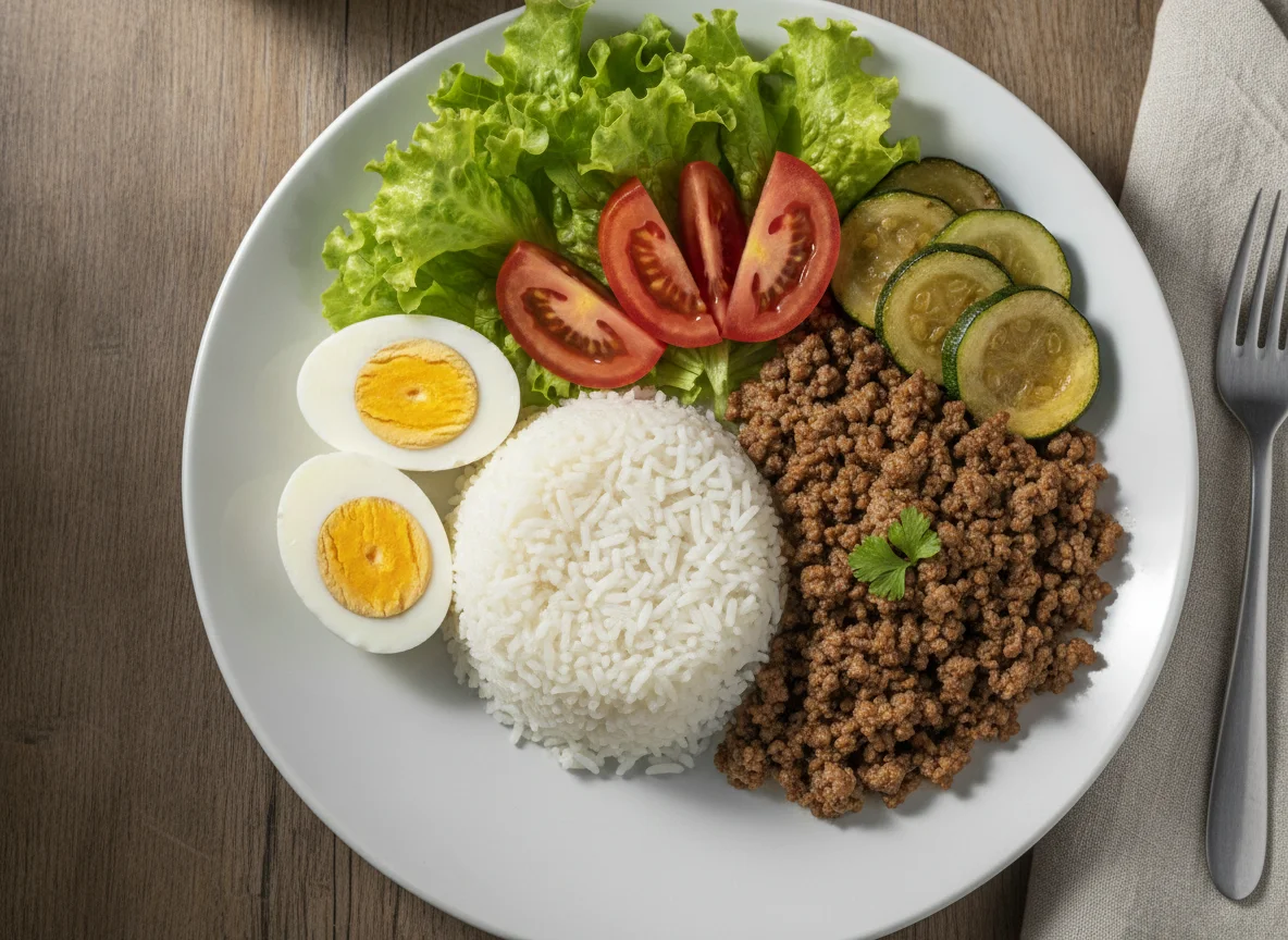 Arroz com carne moída, abobrinha, ovos cozidos e salada photo