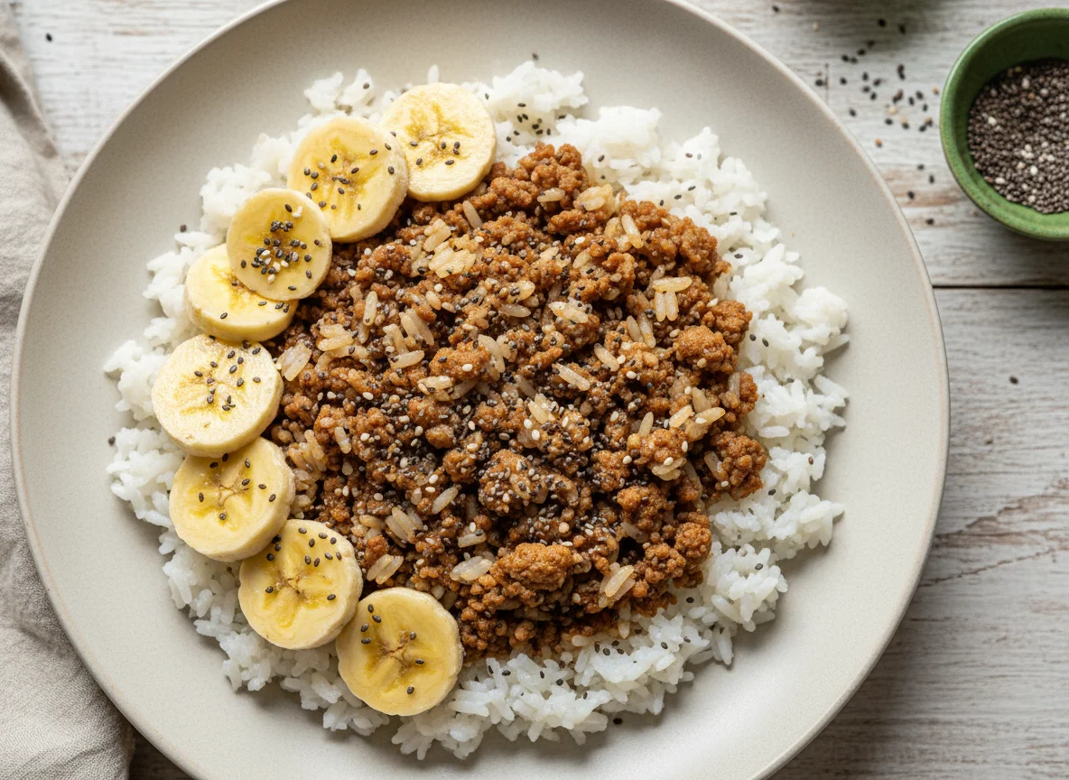 Arroz com carne moída, banana e sementes photo