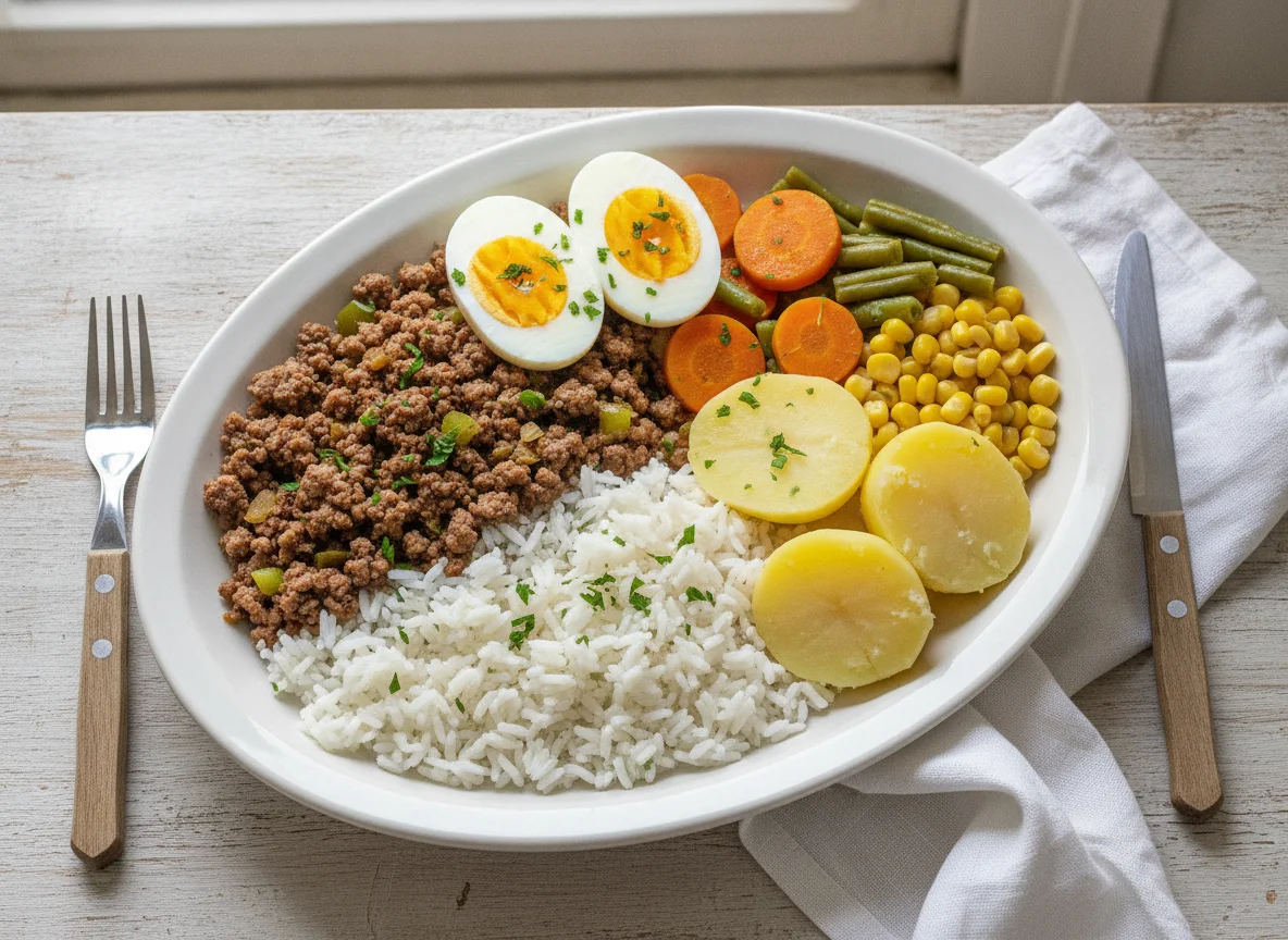 Arroz com carne moída, batata cozida e ovo photo