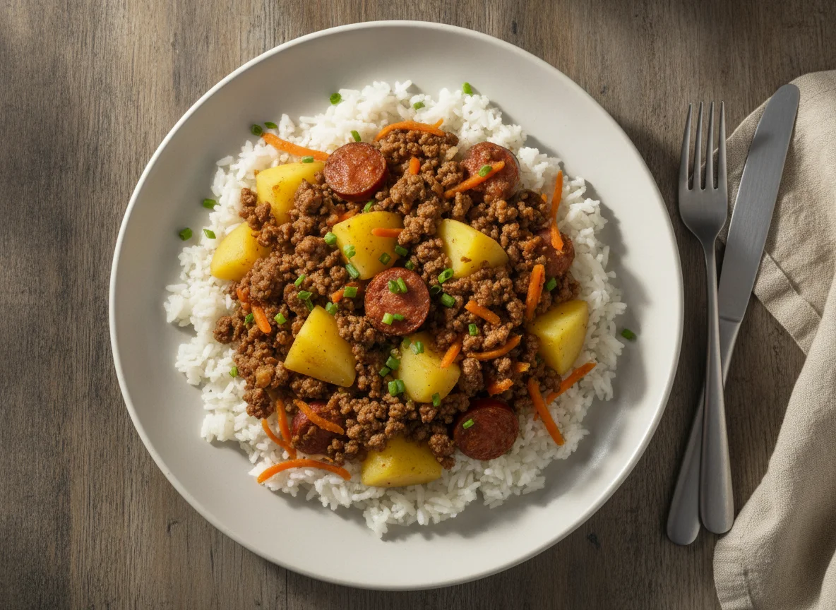Arroz com carne moída, batata e cenoura photo