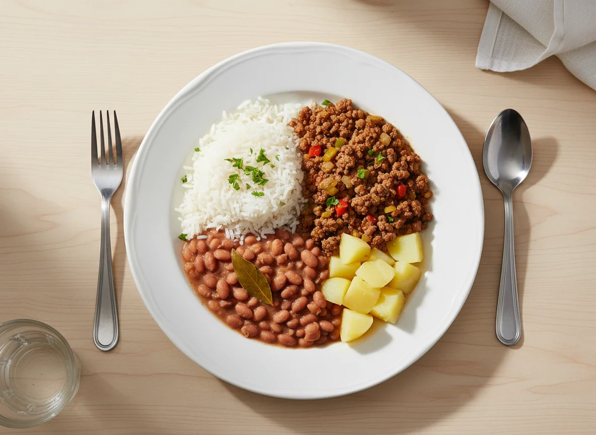 Arroz com carne moída, batata e feijão photo