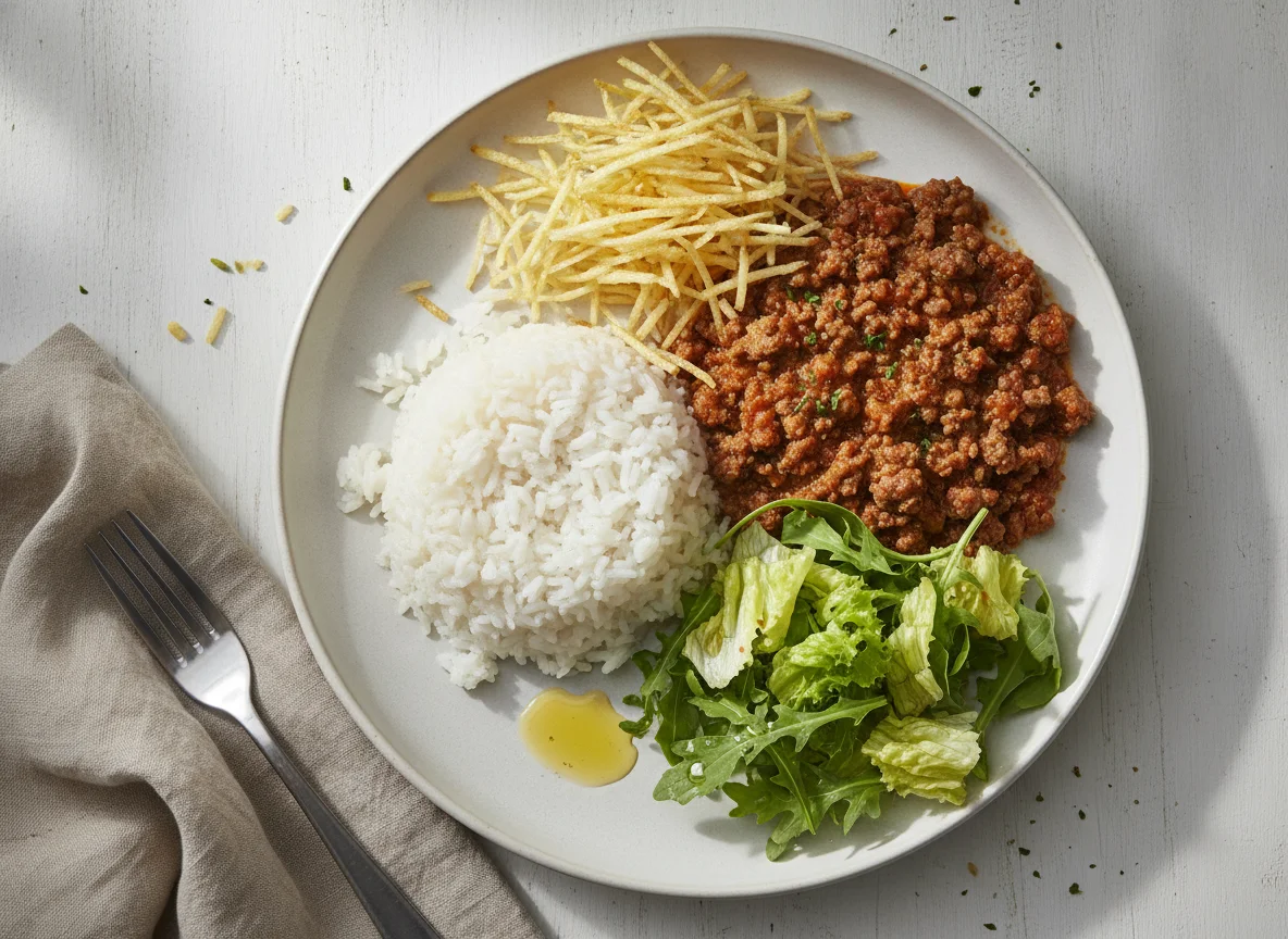 Arroz com carne moída, batata palha e salada photo
