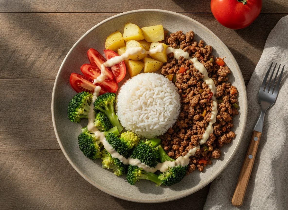 Arroz com carne moída, brócolis, batata e tomate photo