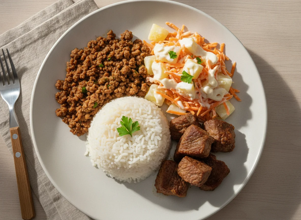 Arroz com Carne Moída, Carne Cozida e Salada com Molho Branco photo