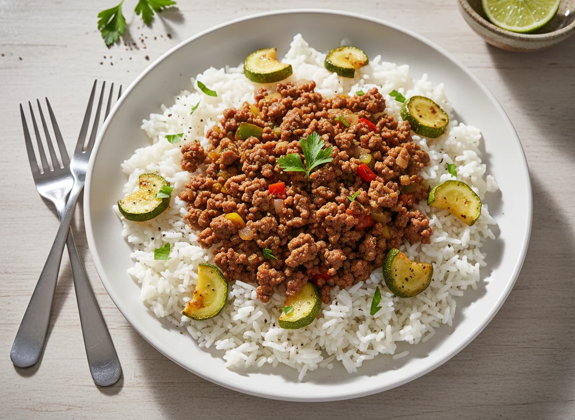 Arroz com carne moída e abobrinha photo