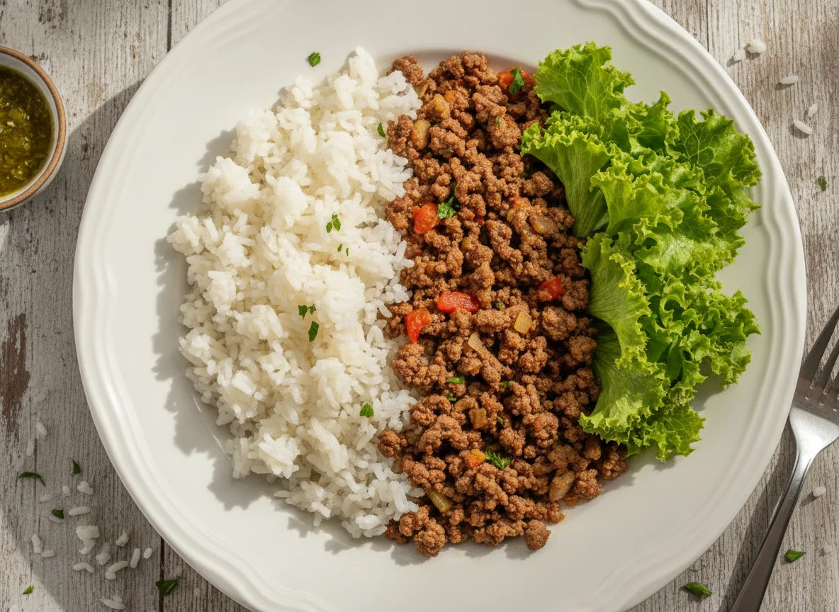 Arroz com carne moída e alface photo