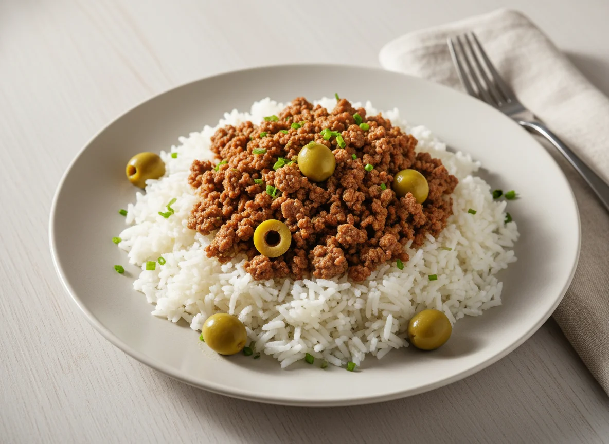 Arroz com Carne Moída e Azeitonas photo