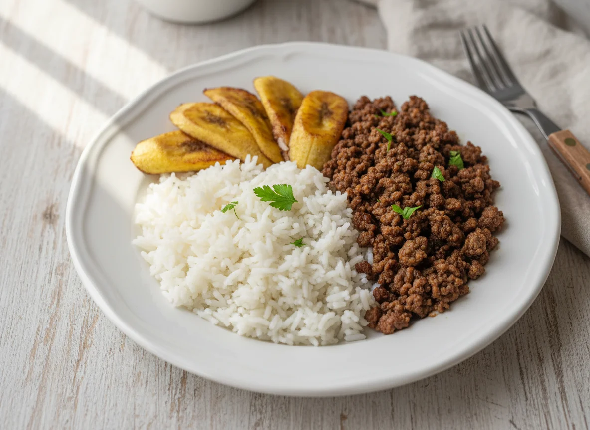 Arroz com carne moída e banana photo