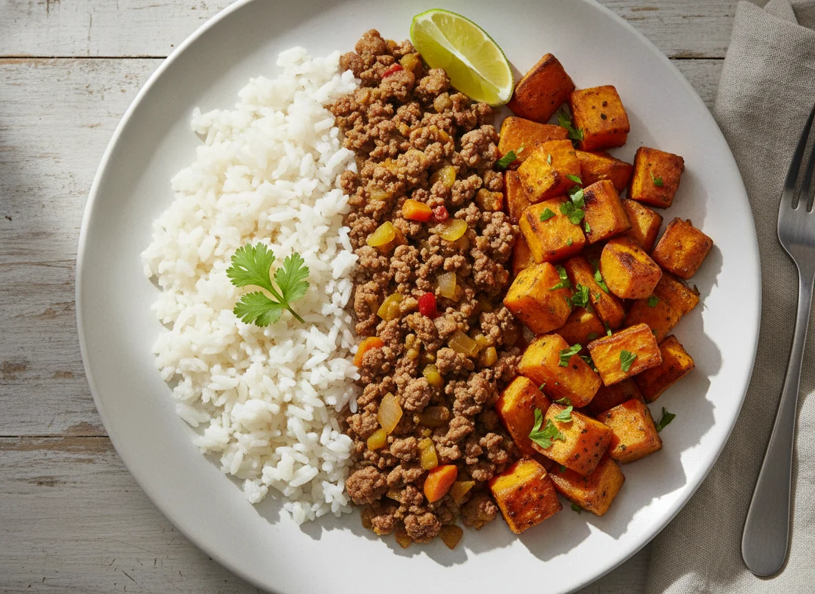 Arroz com Carne Moída e Batata Doce Assada photo