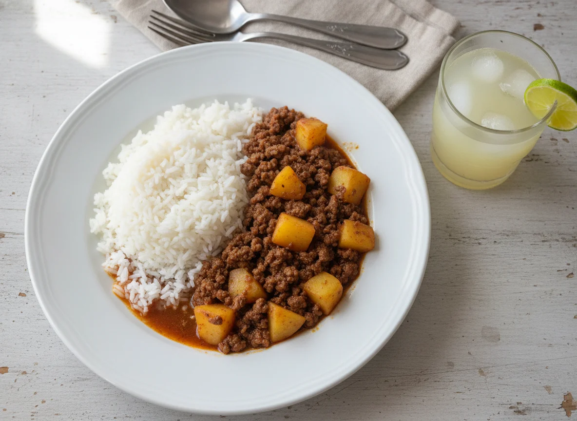 Arroz com carne moída e batatas photo