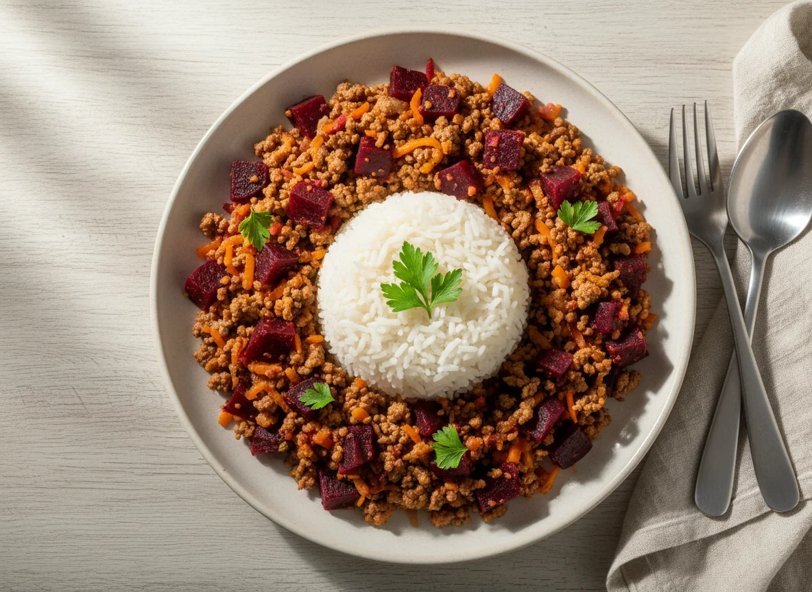 Arroz com carne moída e beterraba photo