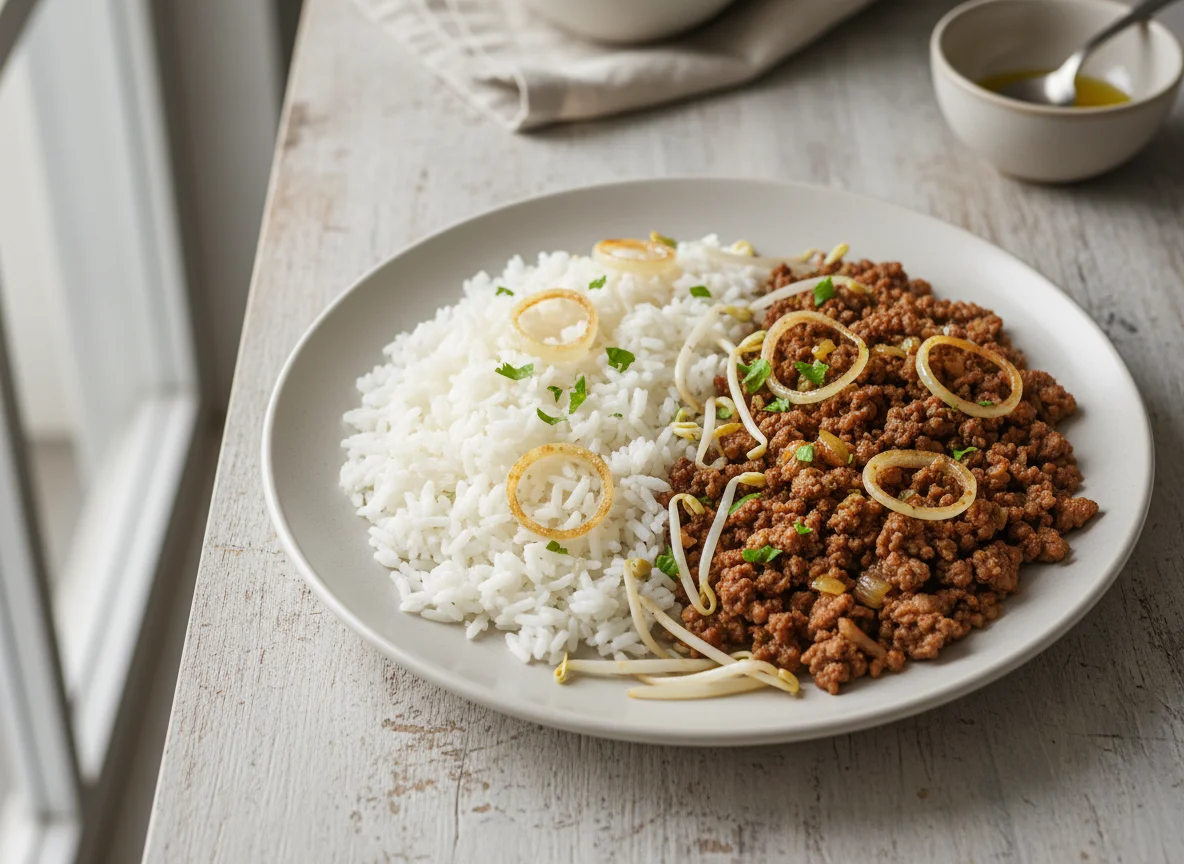 Arroz com carne moída e broto de feijão photo