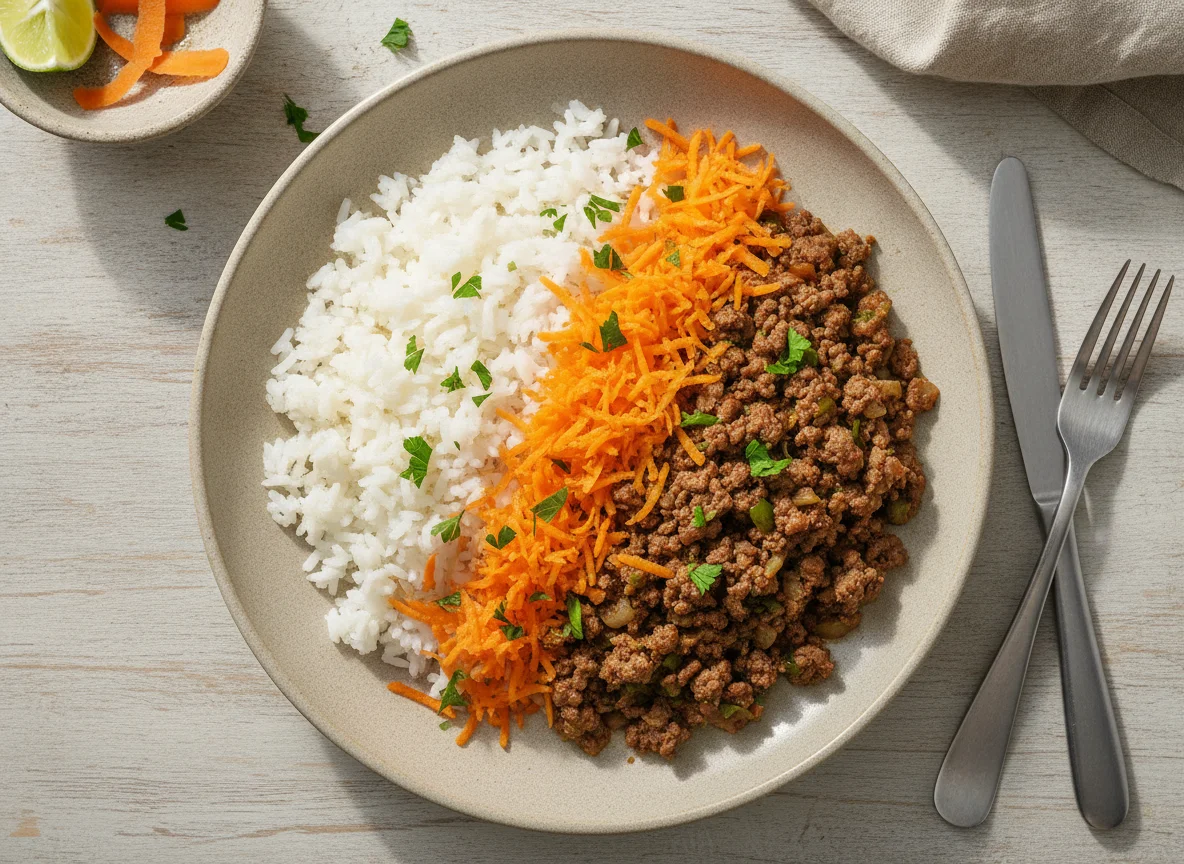 Arroz com carne moída e cenoura ralada photo