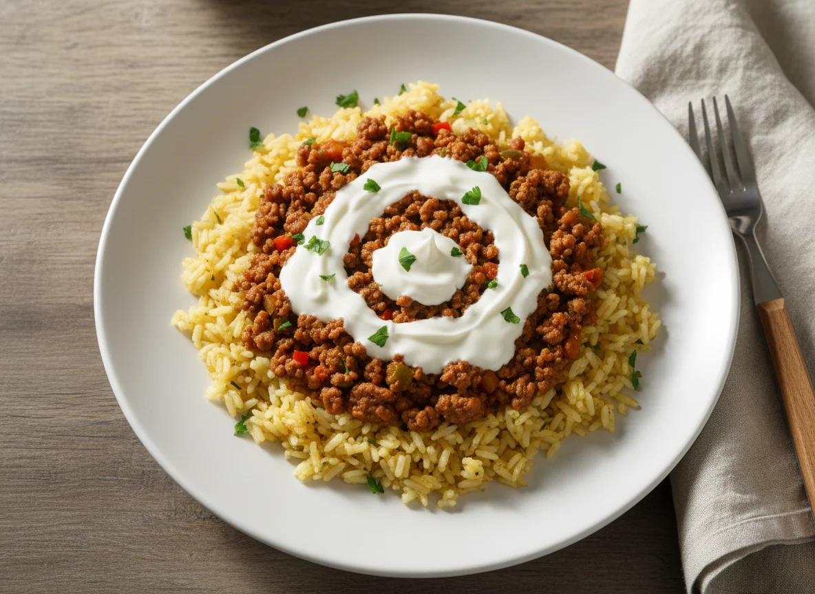 Arroz com carne moída e creme de leite photo