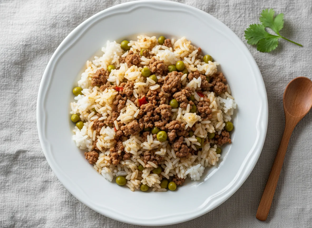 Arroz com carne moída e ervilhas photo