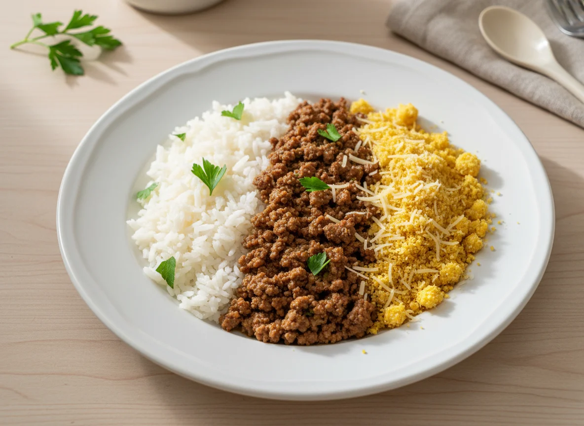Arroz com carne moída e farofa photo