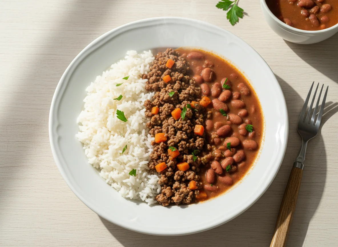 Arroz com carne moída e feijão photo