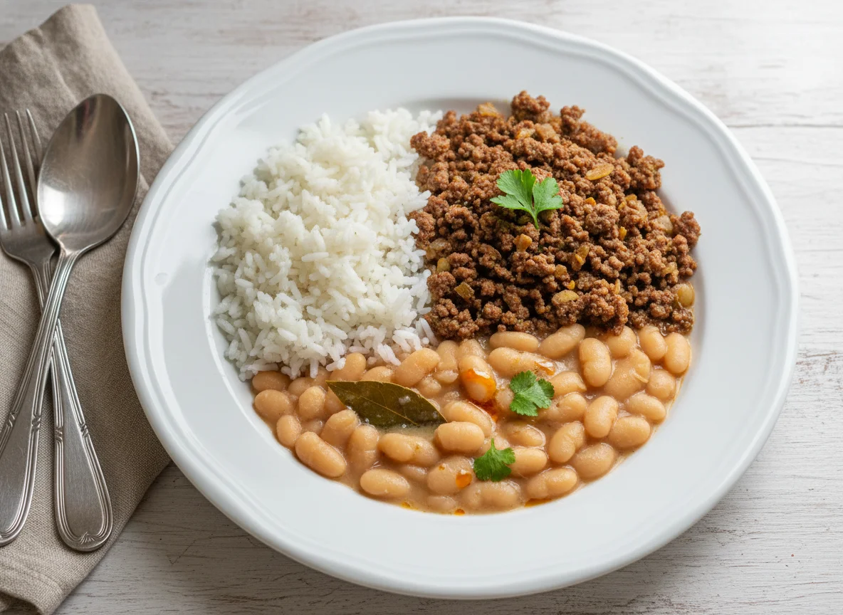 Arroz com carne moída e feijão branco photo
