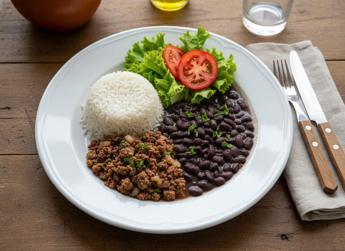 Arroz com carne moída e feijão preto, acompanhado de salada photo
