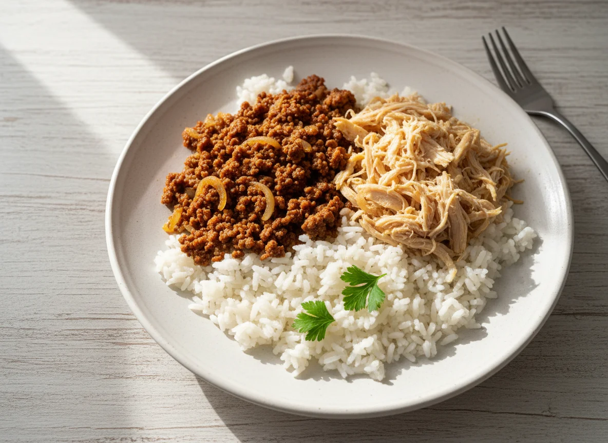 Arroz com carne moída e frango desfiado photo