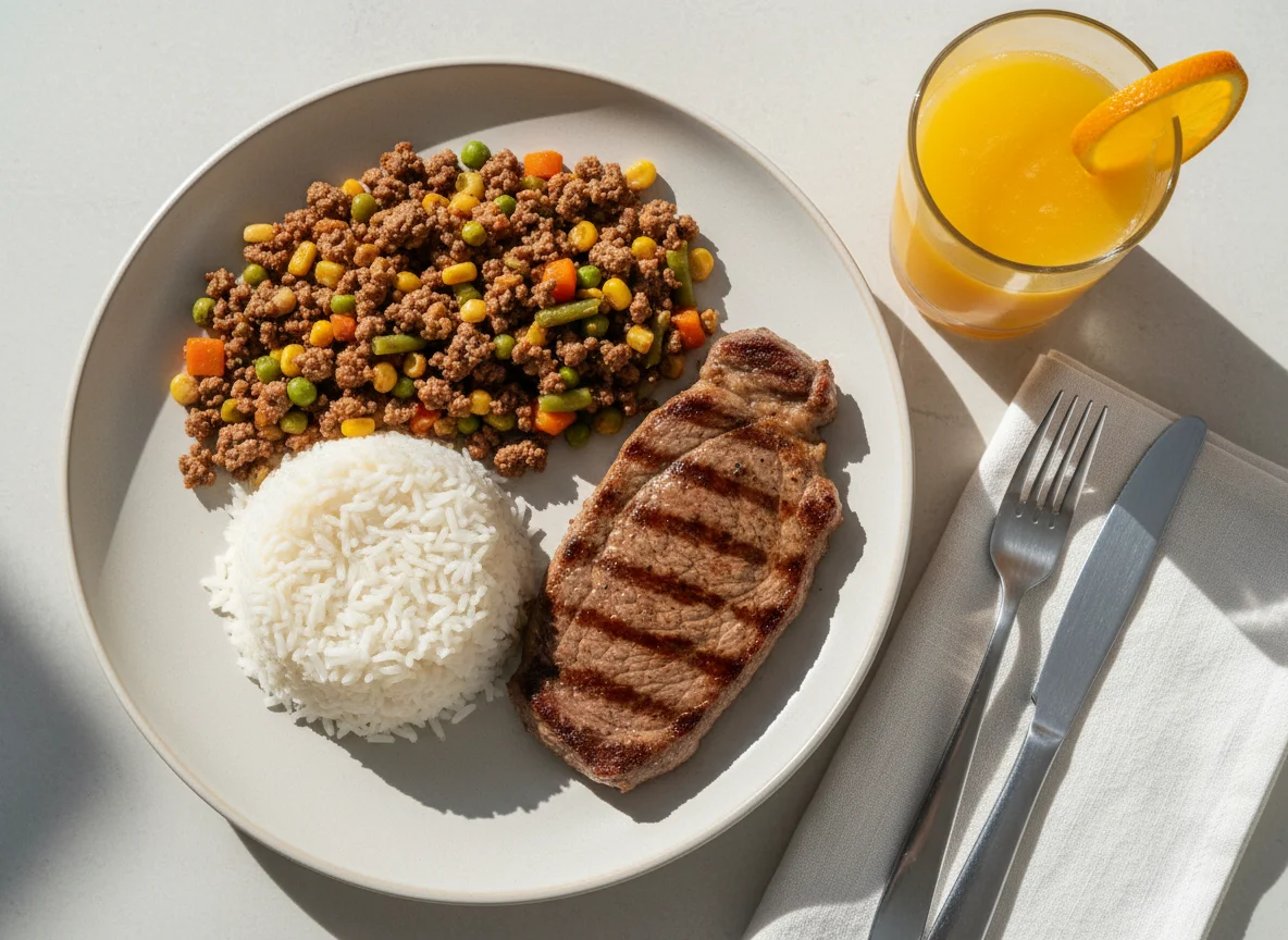 Arroz com carne moída e legumes, bife e suco de laranja photo