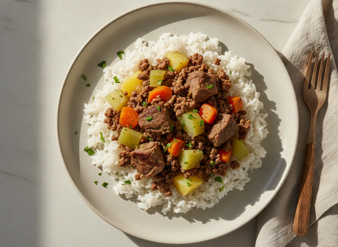 Arroz com carne moída e legumes cozidos photo