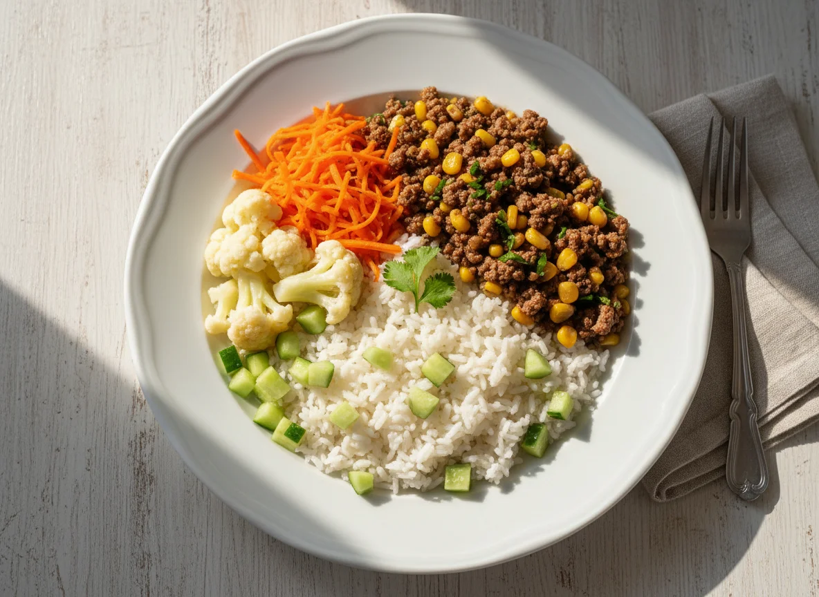 Arroz com carne moída e legumes photo