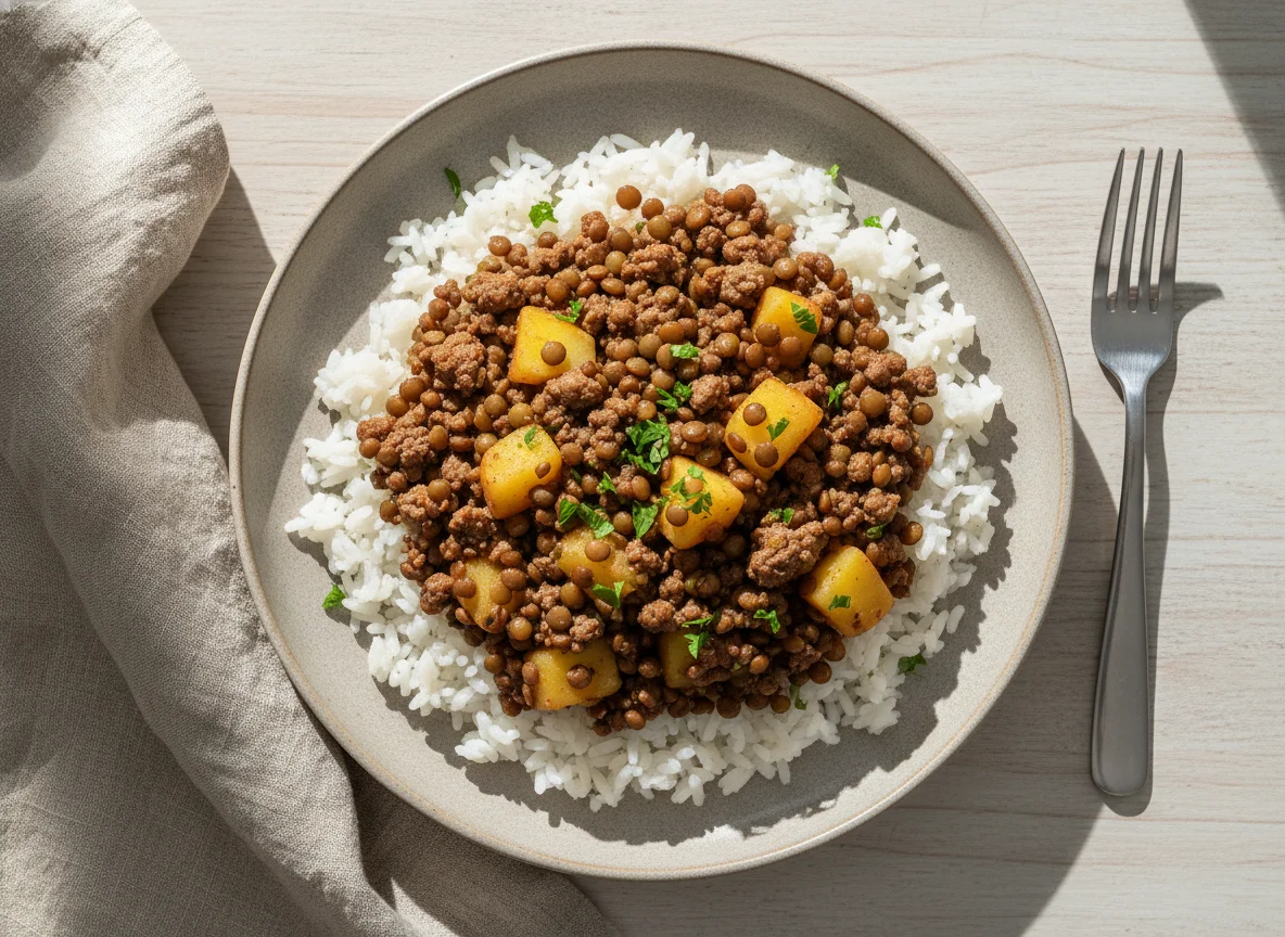 Arroz com carne moída e lentilha photo