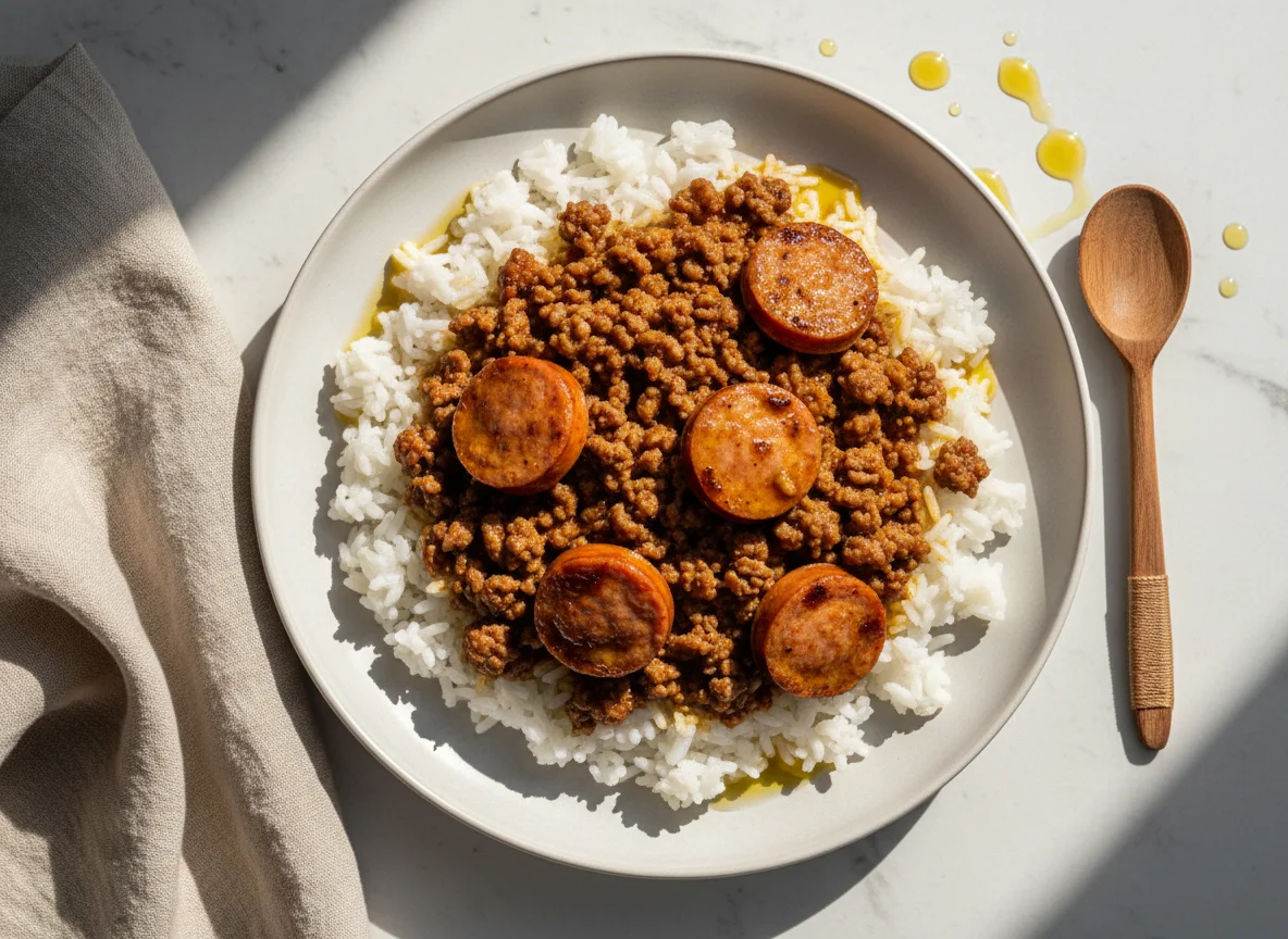 Arroz com carne moída e linguiça photo